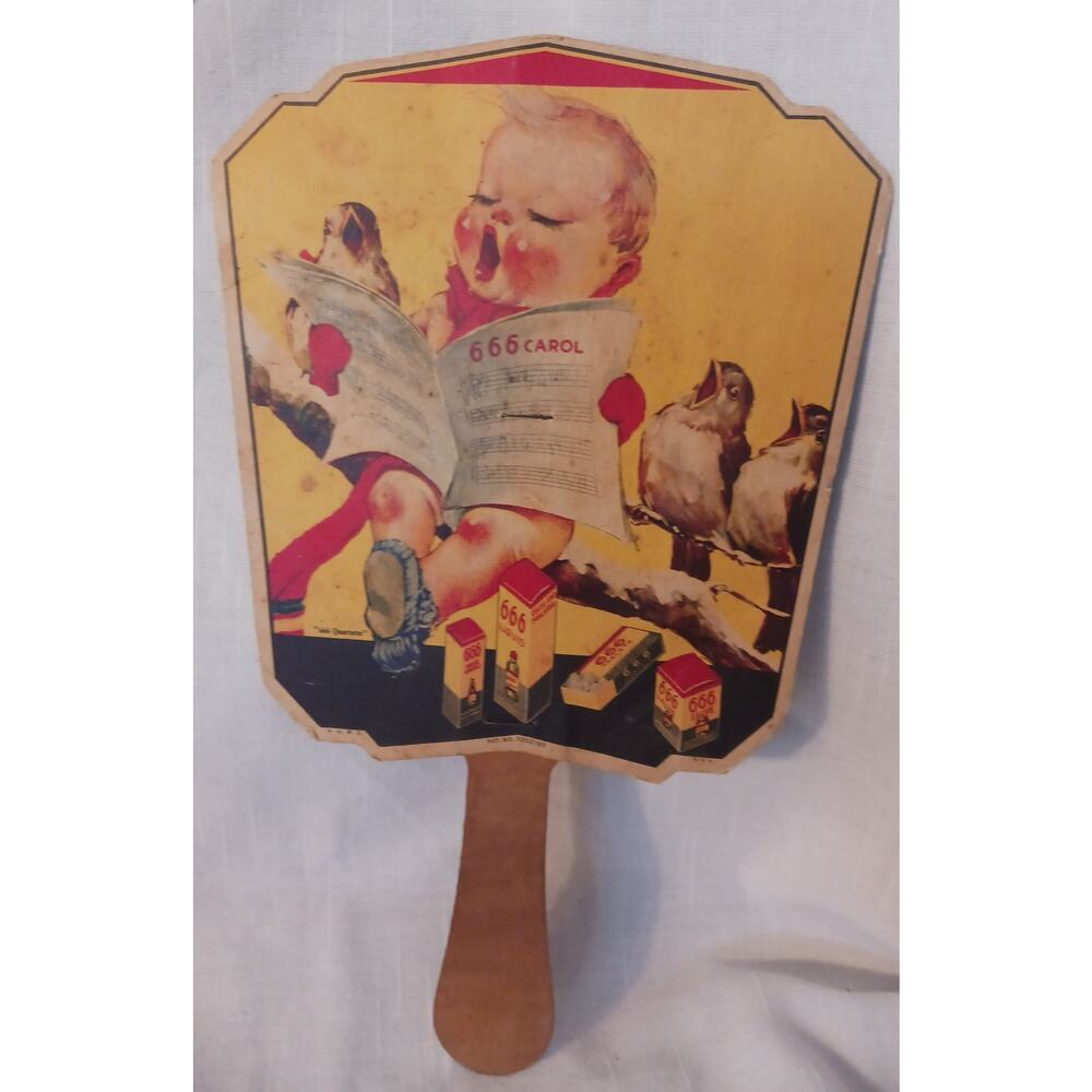 666 Quartette Old Advertising Hand Fan on stick Bizarre Baby sings with birds
